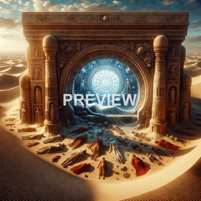 The image depicts a surreal scene of a woman lying in a futuristic, ornate structure resembling a tomb or a shrine, set in a vast desert landscape with a large, circular stained glass window illuminating the interior.